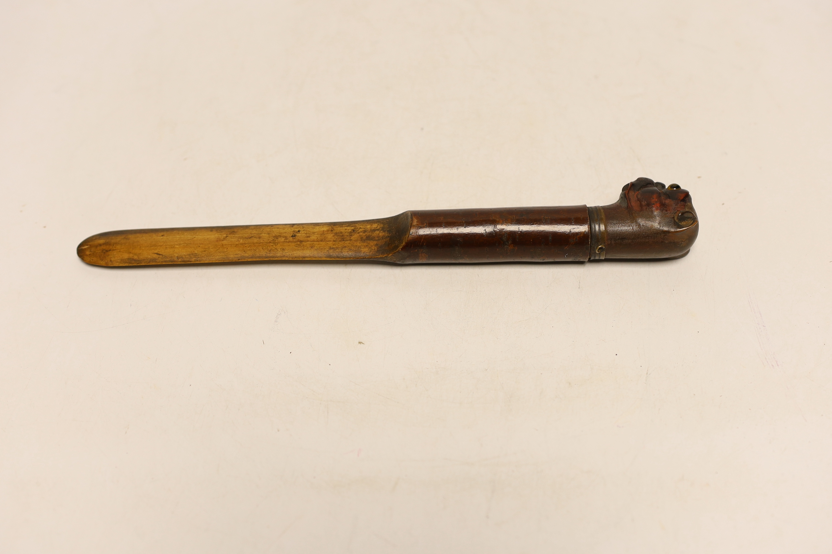 A treen Bulldog head letter opener, c.1900, with glass eyes and metal collar, 27.5cm long
